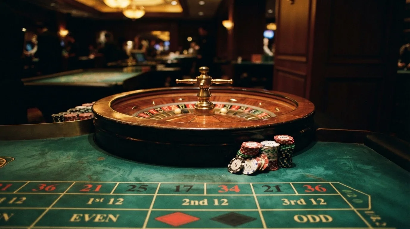 Rulettehjul og sjetonger på grønn filt i varmt kveldslys — 10 kr casinoer i norge