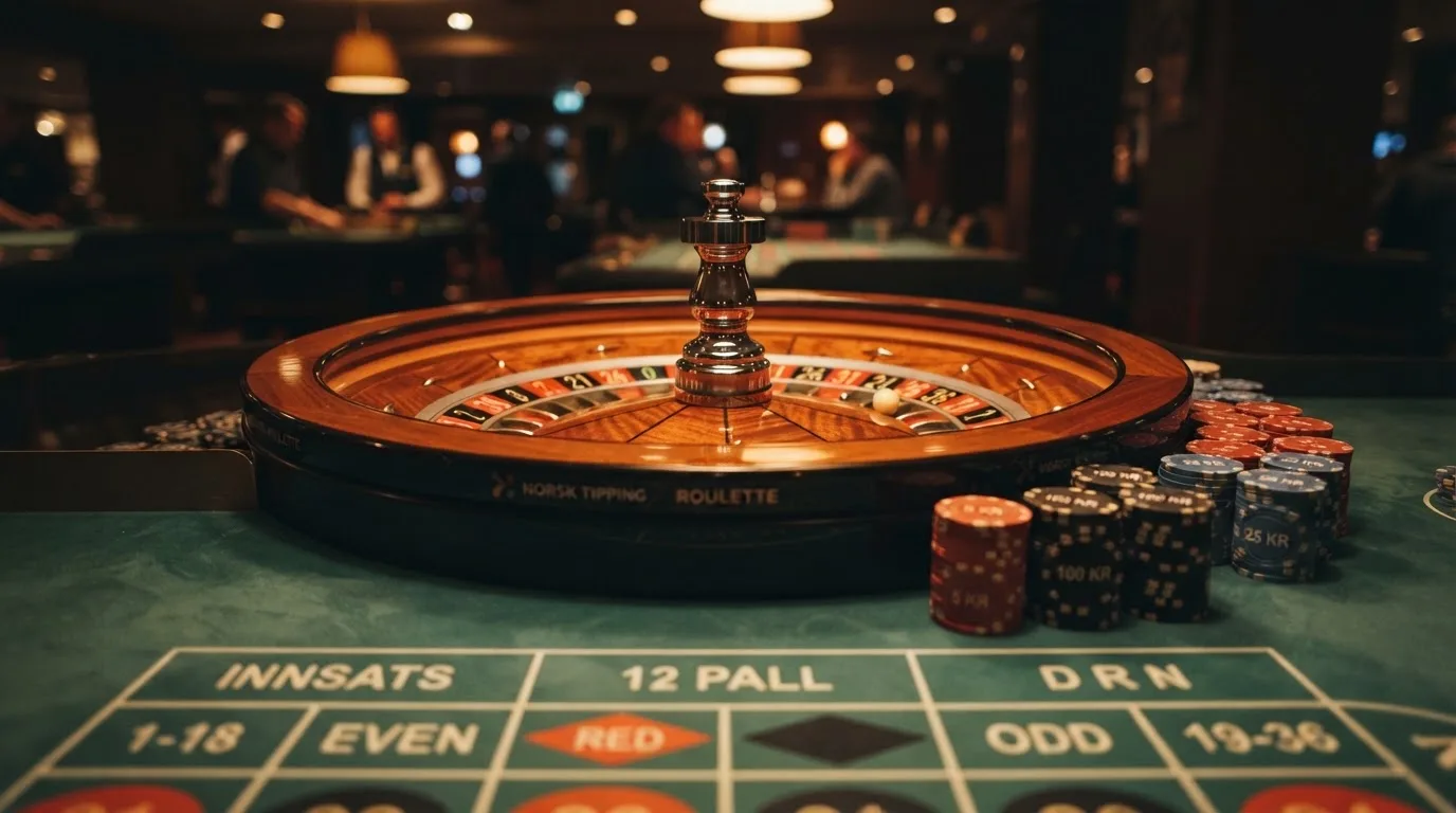Rulettehjul og sjetonger på grønn filt i varmt kveldslys — 100 kr casinoer i norge
