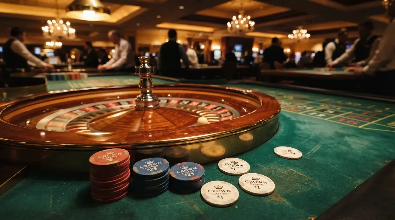 Rulettehjul og sjetonger på grønn filt i varmt kveldslys — 20 kr casinoer i norge