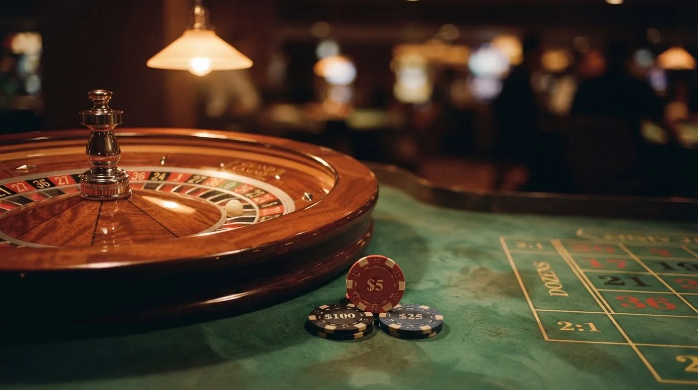 Rulettehjul og sjetonger på grønn filt i varmt kveldslys — beste blackjack i norge