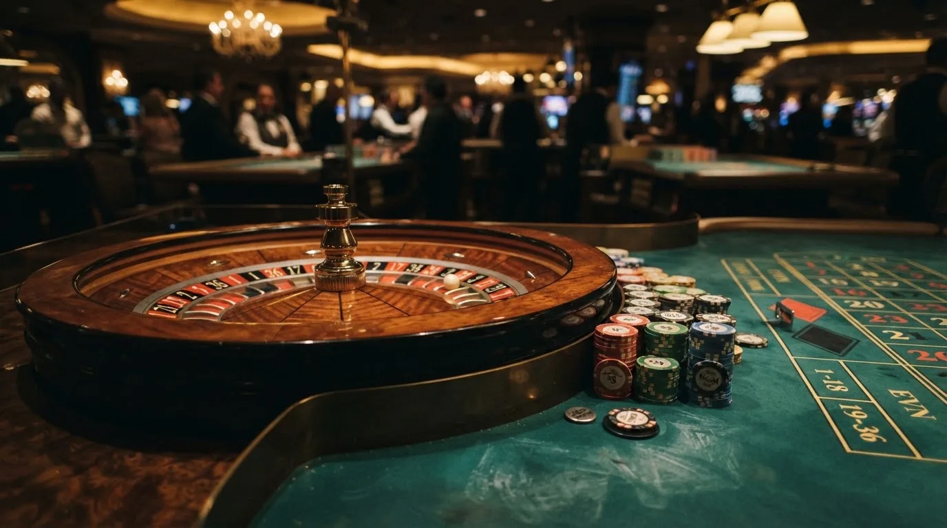 Rulettehjul og sjetonger på grønn filt i varmt kveldslys — beste bonuser på norske casinoer