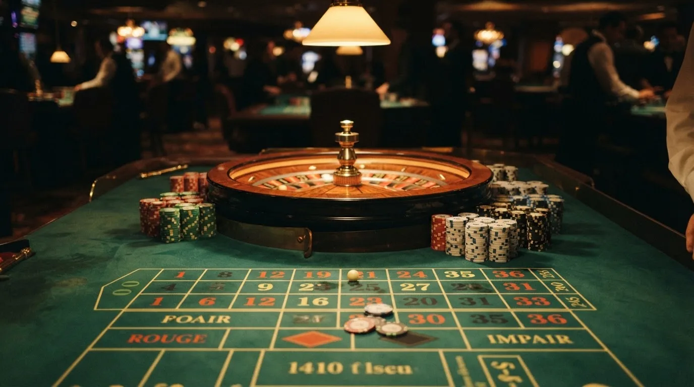 Rulettehjul og sjetonger på grønn filt i varmt kveldslys — beste casinobonuser i norge