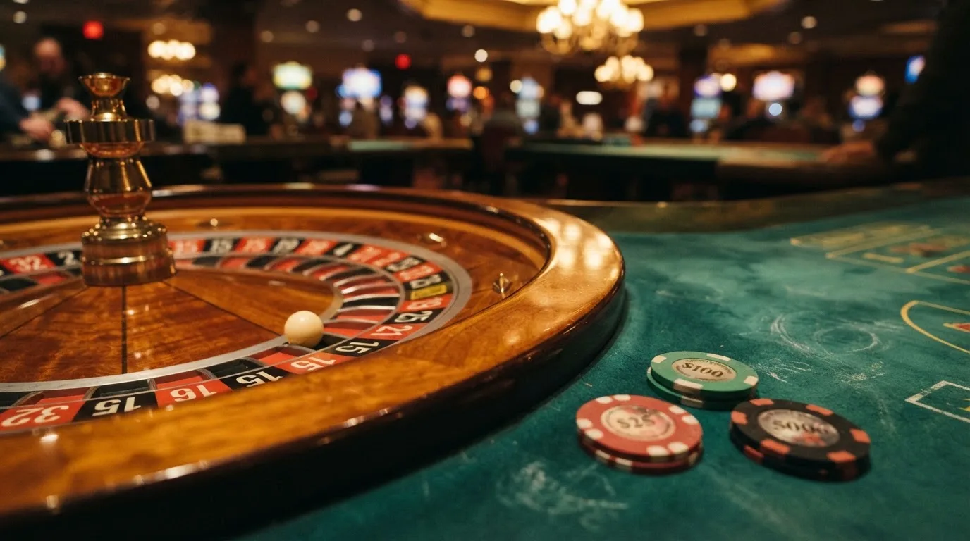 Rulettehjul og sjetonger på grønn filt i varmt kveldslys — beste casinoer med baccarat