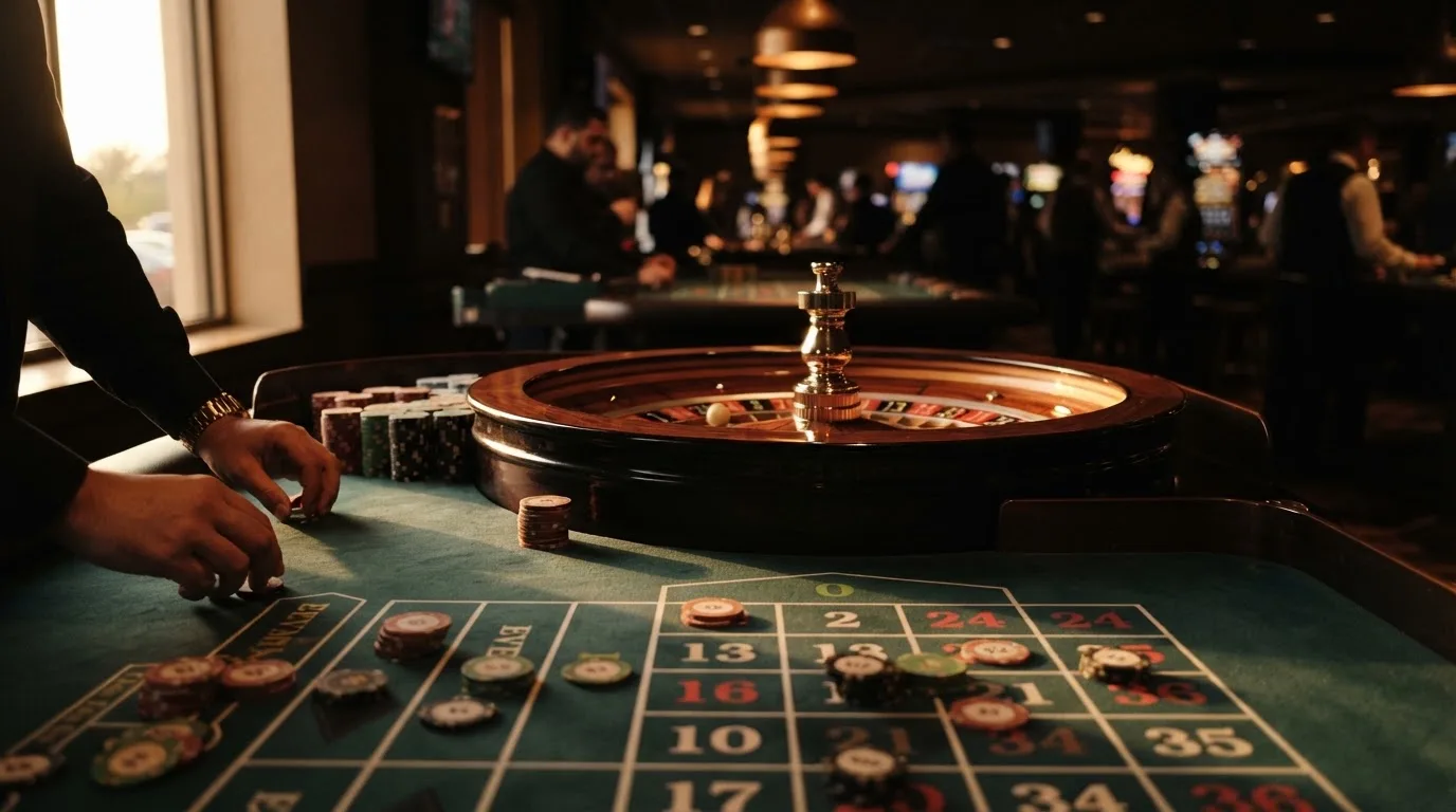 Rulettehjul og sjetonger på grønn filt i varmt kveldslys — beste casinoer med bingo