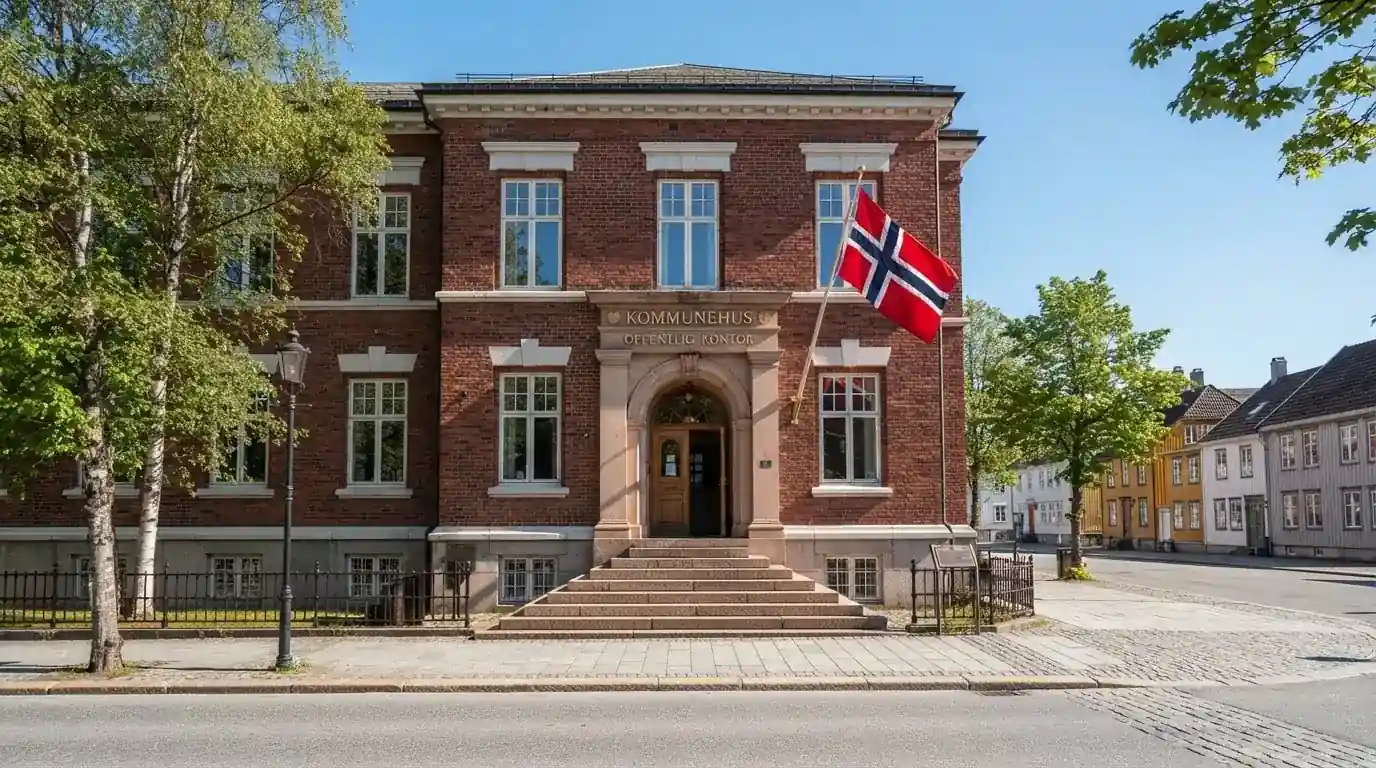 Offentlig kontorbygning i rødt murstein i en norsk by, med et flagg ved inngangen og blå himmel