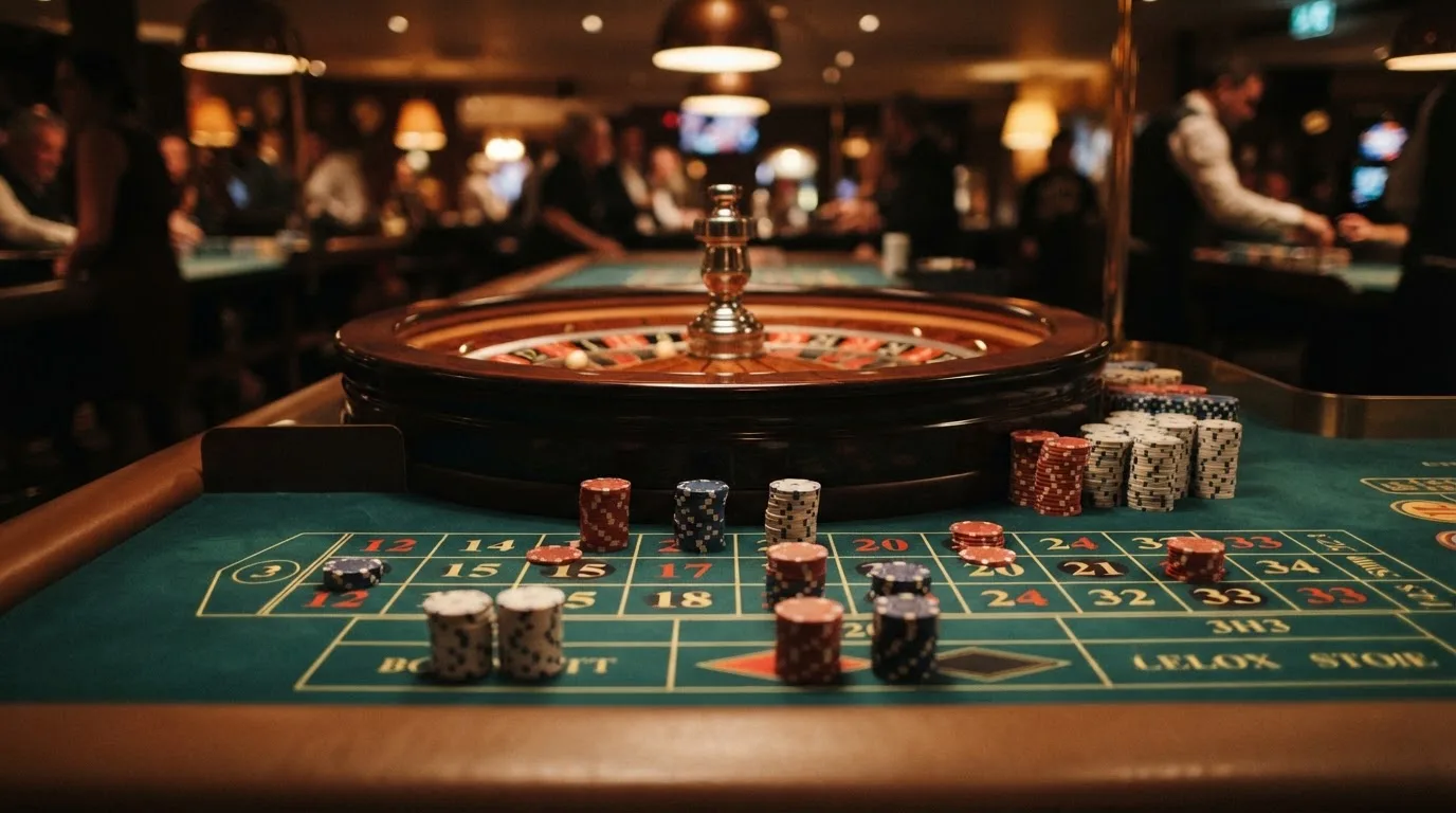 Rulettehjul og sjetonger på grønn filt i varmt kveldslys — beste utenlandske casinoer