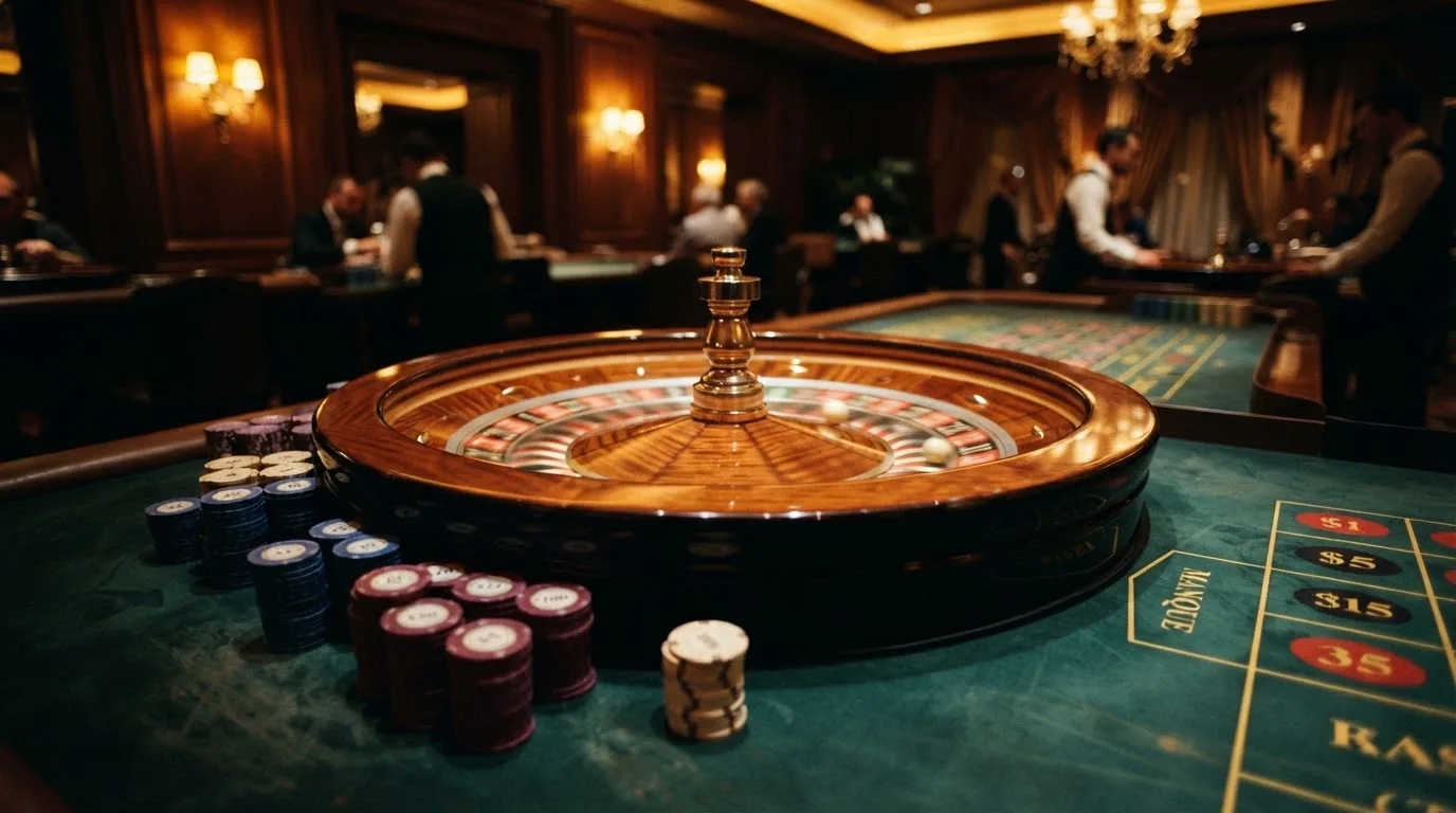 Rulettehjul og sjetonger på grønn filt i varmt kveldslys — casino slots in norway