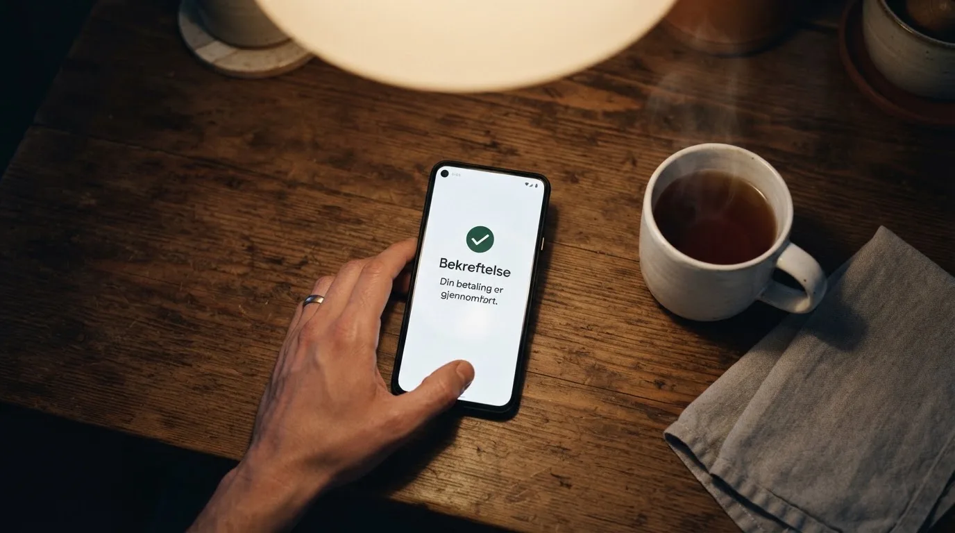 Hånd holder en mobiltelefon ved siden av en kopp te ved et kjøkkenbord en rolig kveld — casino tipping i norge