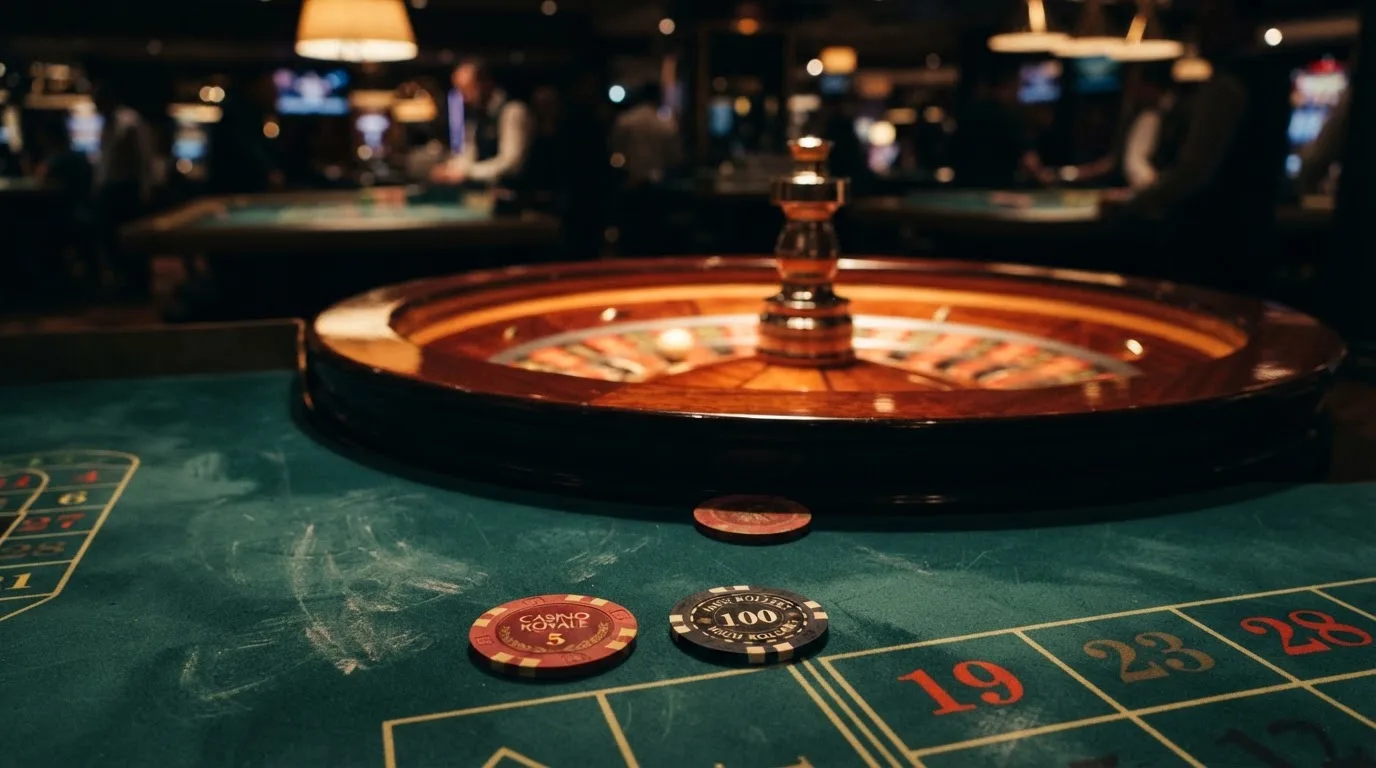 Rulettehjul og sjetonger på grønn filt i varmt kveldslys — casino tipping i norge