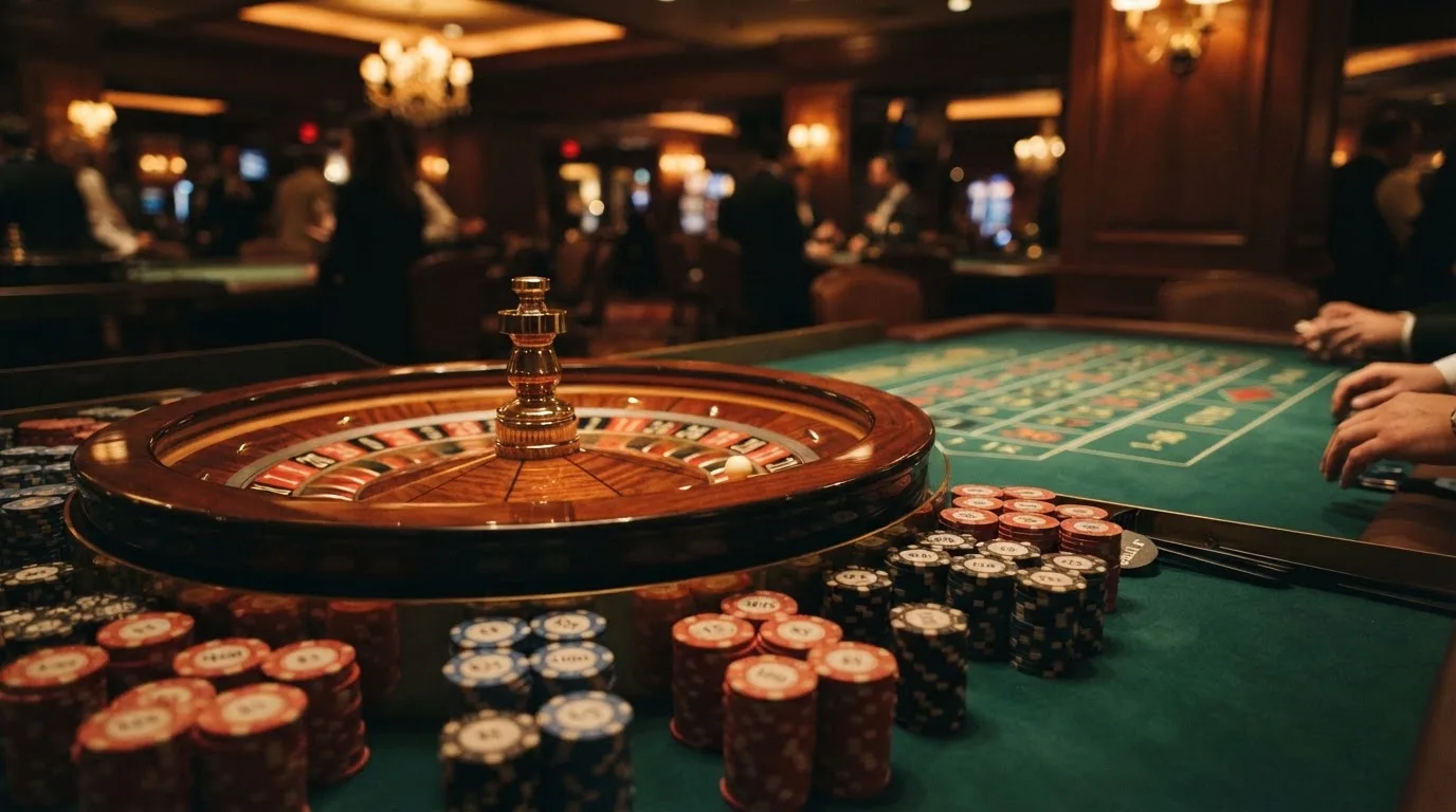 Rulettehjul og sjetonger på grønn filt i varmt kveldslys — casino uten lisens i norge