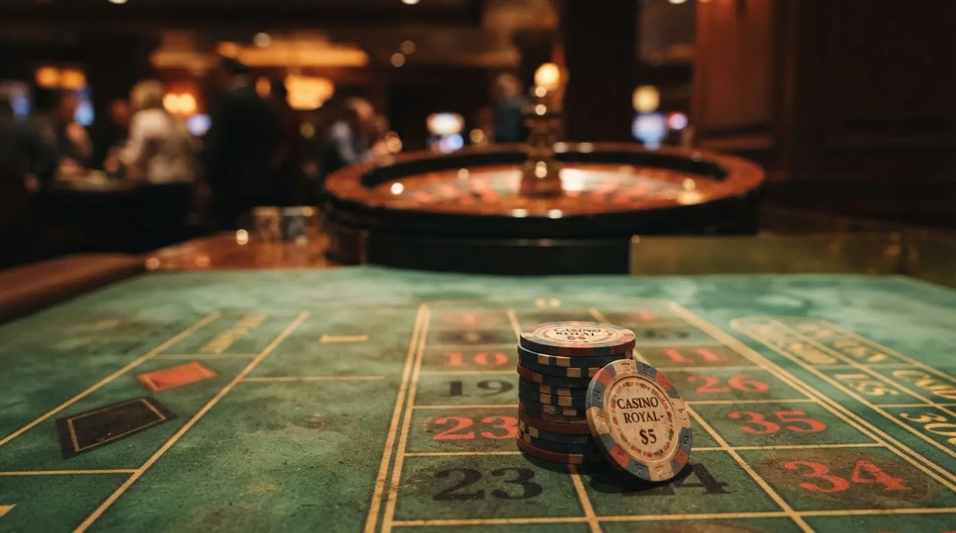 Rulettehjul og sjetonger på grønn filt i varmt kveldslys — casinoer med bitcoin i norge