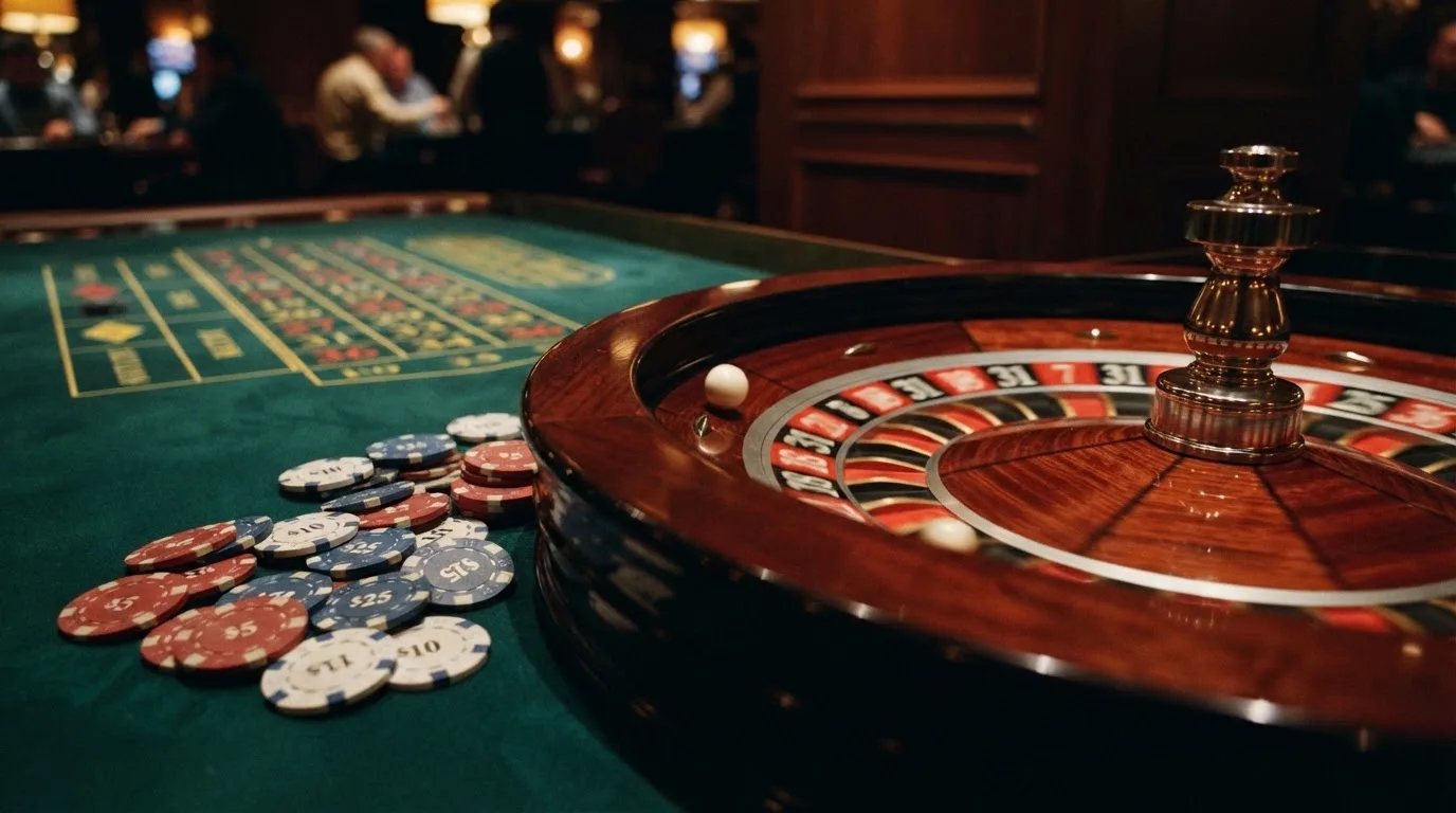 Rulettehjul og sjetonger på grønn filt i varmt kveldslys — casinoer med dogecoin i norge