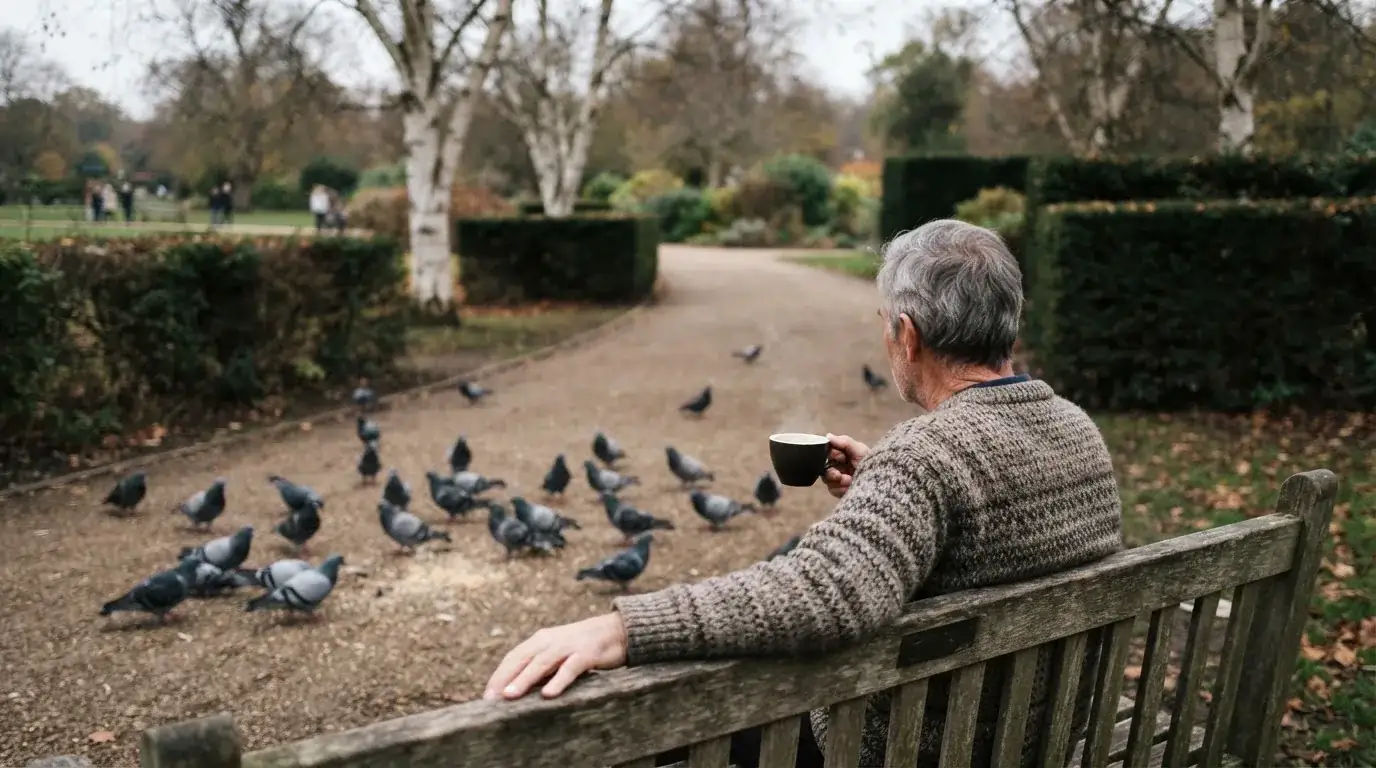 Eldre mann sitter på en parkbenk med en kopp kaffe og ser rolig på duer