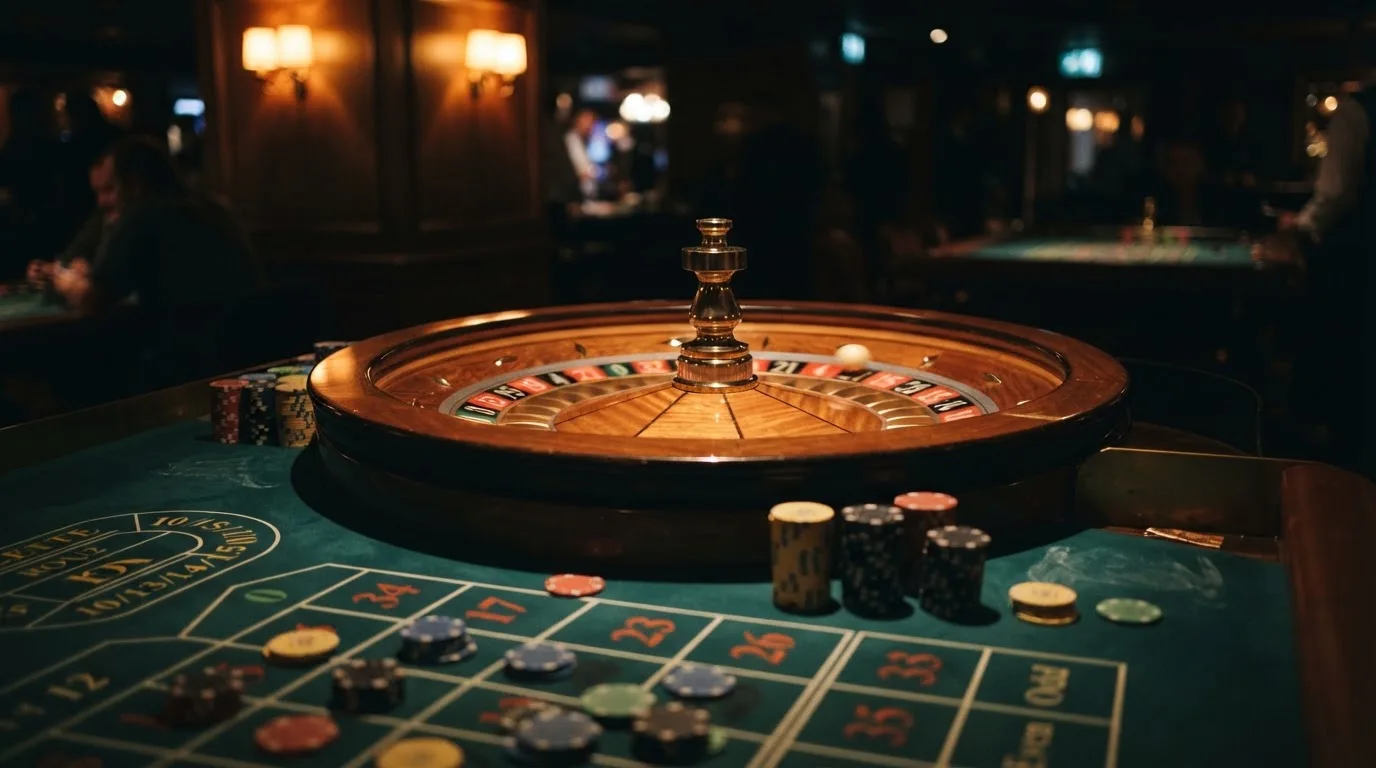 Rulettehjul og sjetonger på grønn filt i varmt kveldslys — live roulette in norway