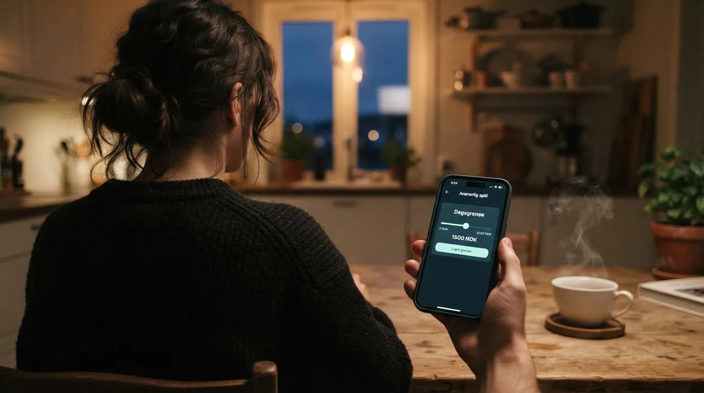 Hånd holder en mobiltelefon ved siden av en kopp te ved et kjøkkenbord en rolig kveld — norske casino gevinster