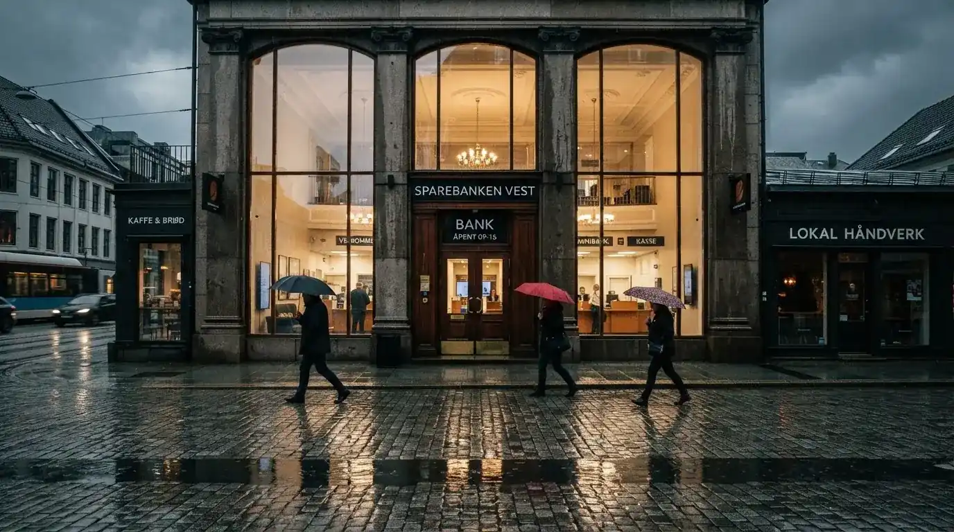 Bankfilial med store vinduer i en norsk by i regnvær, noen med paraplyer utenfor
