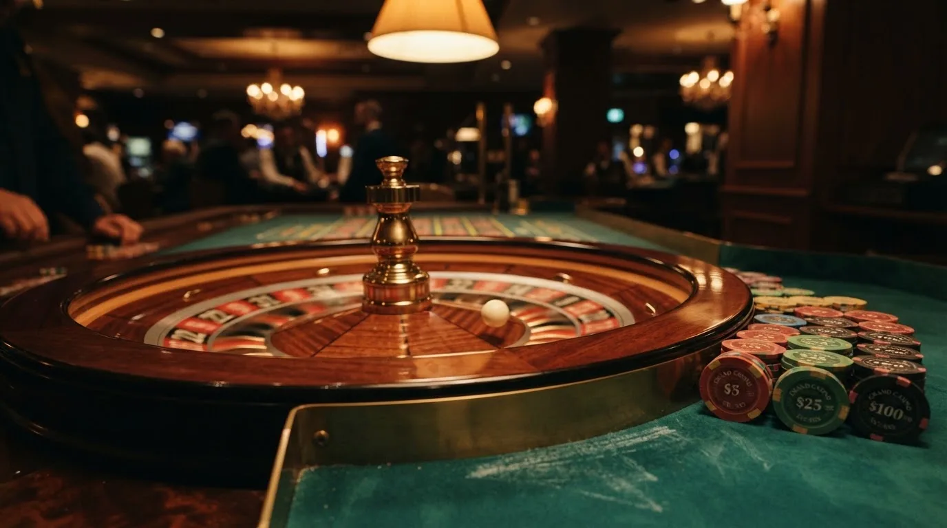 Rulettehjul og sjetonger på grønn filt i varmt kveldslys — norske casinoer på android