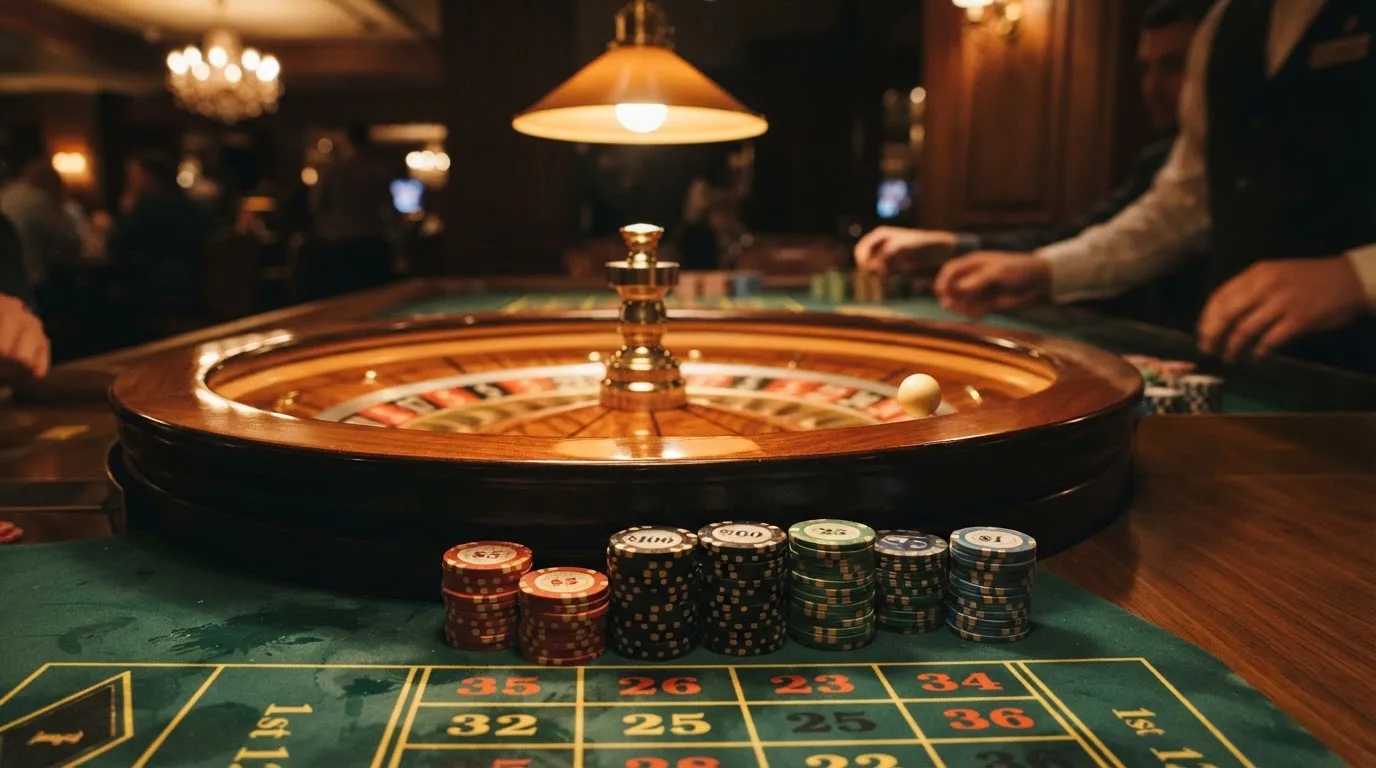 Rulettehjul og sjetonger på grønn filt i varmt kveldslys — norske casinoer på ios